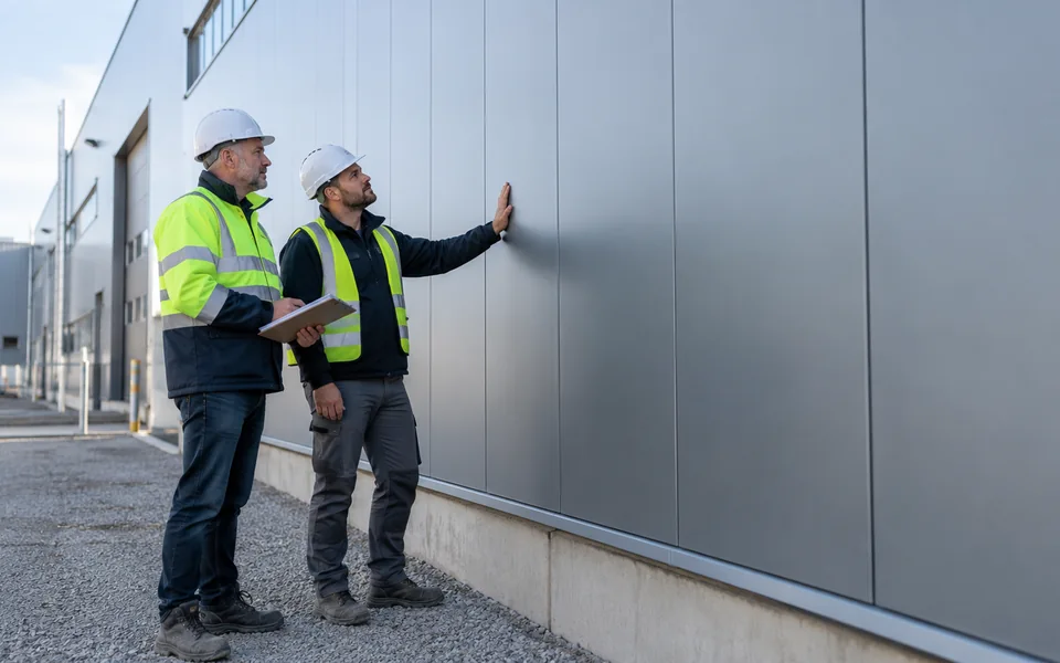 Symbolbild: Zwei Baufachleute begutachten eine instand gesetzte Metallfassade