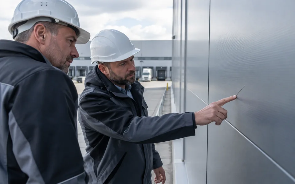 Symbolbild: Zwei Baufachleute begutachten eine Schadstelle an einer Metallfassade