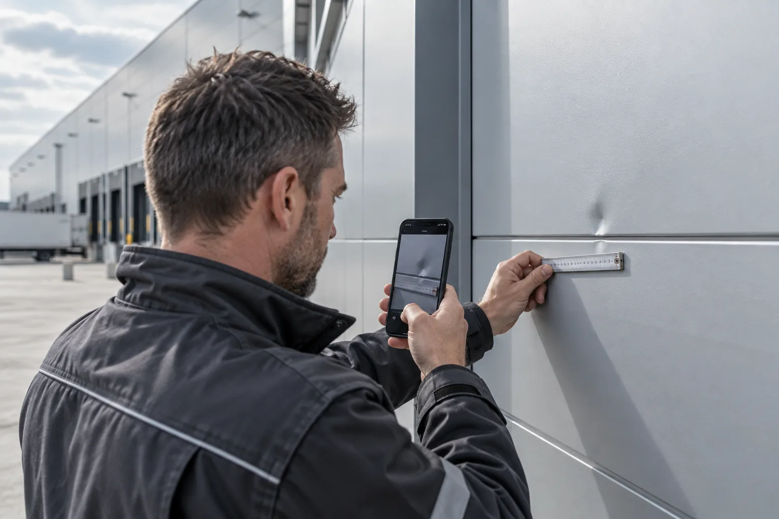 Schadstelle an einer Metallfassade wird mit Smartphone und Maßstab dokumentiert.