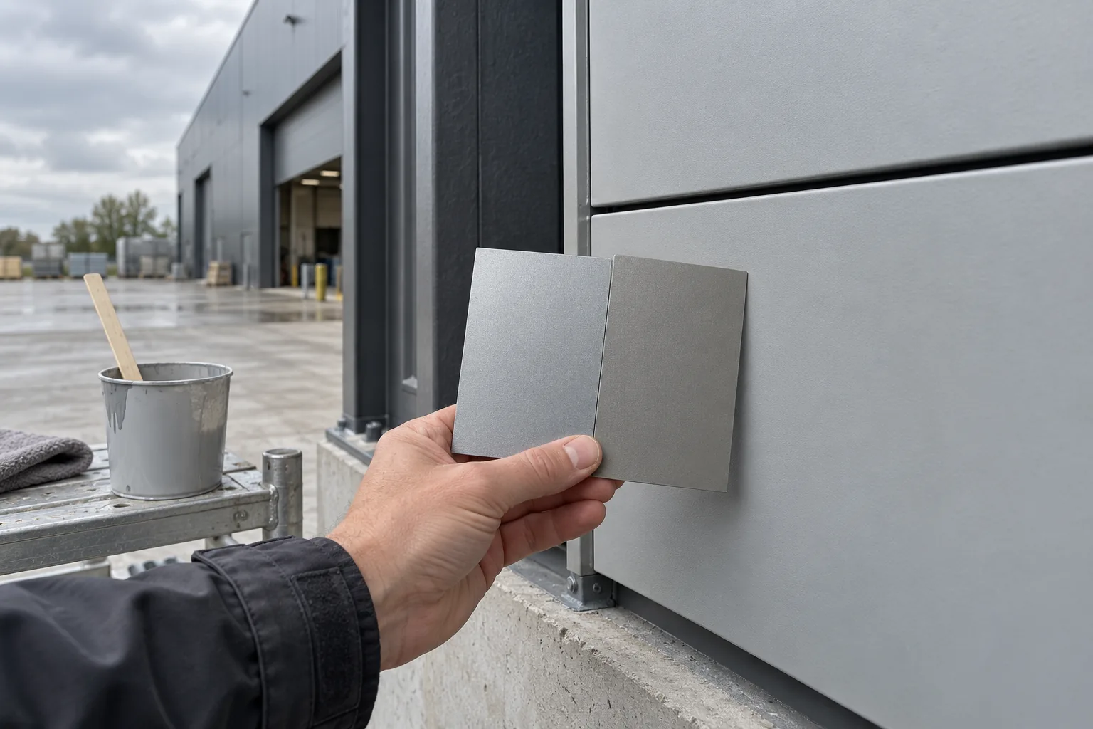 Zwei unterschiedlich wirkende silbergraue Metallic-Muster werden am Fassadenpaneel verglichen.