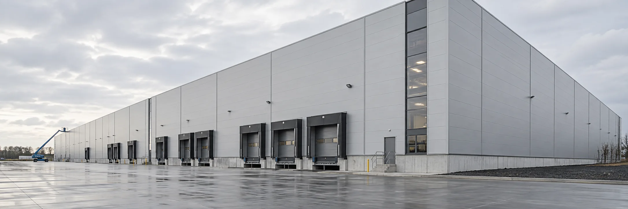 Metallverkleidete Industrie- und Logistikhalle mit Laderampen.